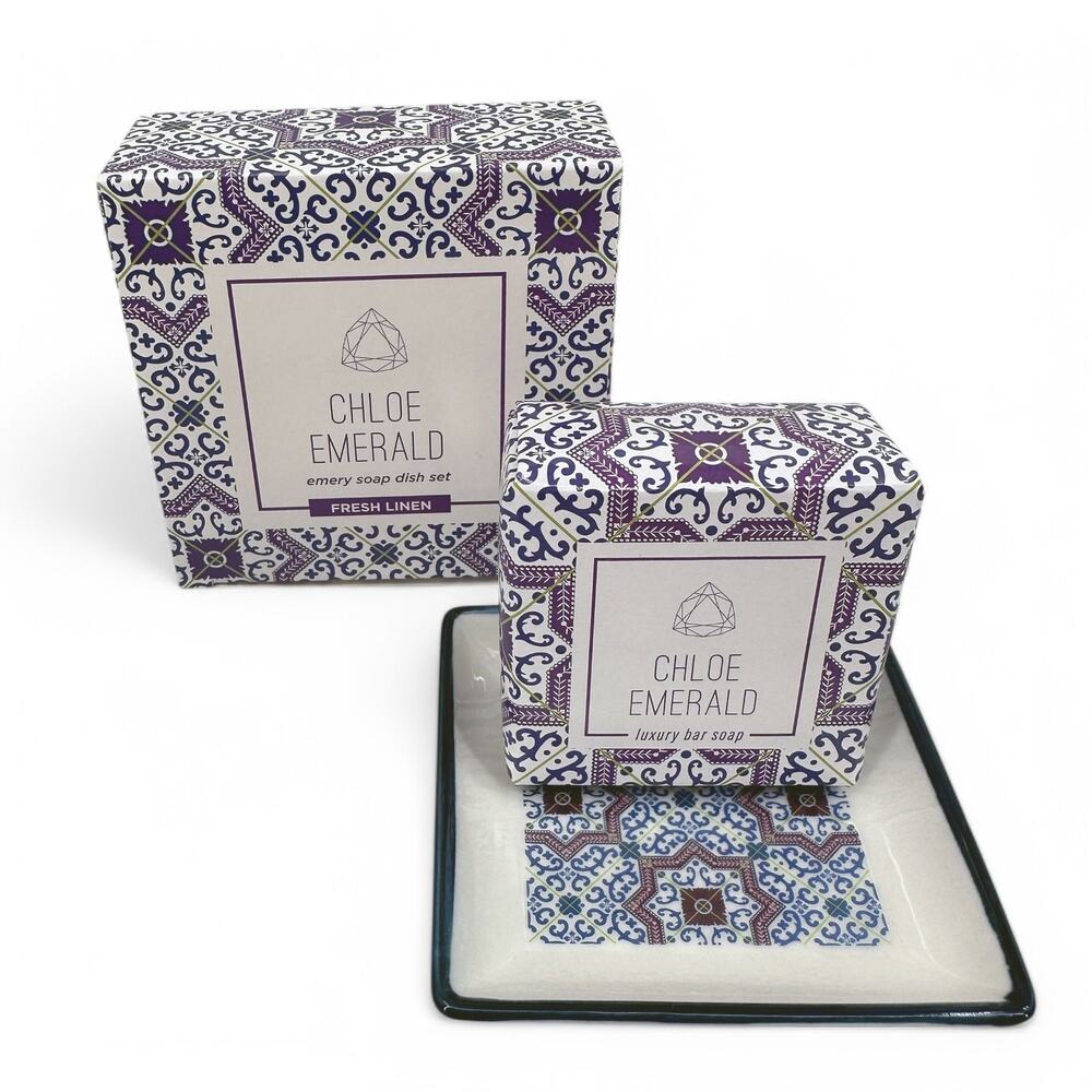 Chloe Emerald Emery Soap Dish Set Fresh Linen Scent